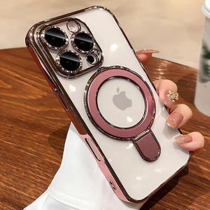 Case for iPhone 15 Pro 6.1", Compatible with MagSafe, Luxury Plating Shockproof Clear Phone Cover with Invisible Stand, Full Camera Lens & Screen Protector for Women Girls, Titanium Pink