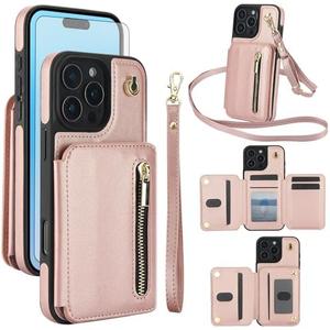 Asuwish Phone Case for iPhone 16 Pro 6.3 inch RFID Wallet Cell Cover with Tempered Glass Screen Protector Crossbody Strap Credit Card Holder Slot Stand i Phone16 i16 16Pro Women Men Rose Gold