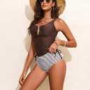 Aleumdr Women's Textured Tankini Swimsuits Tummy Control Ruched U-Wire Cutout Two Piece Bathing Suits with Bottom (Brown, L)