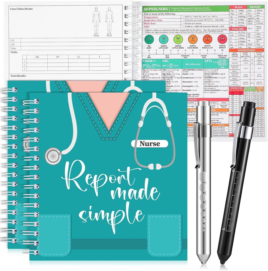 Pajean 4 Pcs Nurse Report Sheet Notebooks with Medical Pens Light Made Simple Pocket Journals Spiral Essentials Notepads for Nurse Appreciation Gifts Rn Student Clinical Supplies(Wide)