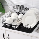 Dish Drying Rack, Extendable Anti-Rust Dish Rack with Dish Drying Mat, Large Capacity Dish Drainer with Cutlery & Cup Holders for Kitchen Counter