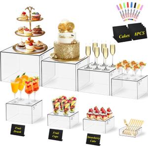 8 Pcs Clear Acrylic Buffet Risers with Mini Sign and Maker,Buffet Risers and Stands Clear Food Display Risers for Buffet Table Party Catering Dessert Cupcake Collectibles (8" 7" 6" 5" 5" 4" 4" 3")
