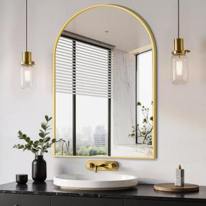 Delma Arched Bathroom Mirror, 24"x36" Wall Mounted Vanity Mirror for Bedroom, Living Room and Entryway, Gold