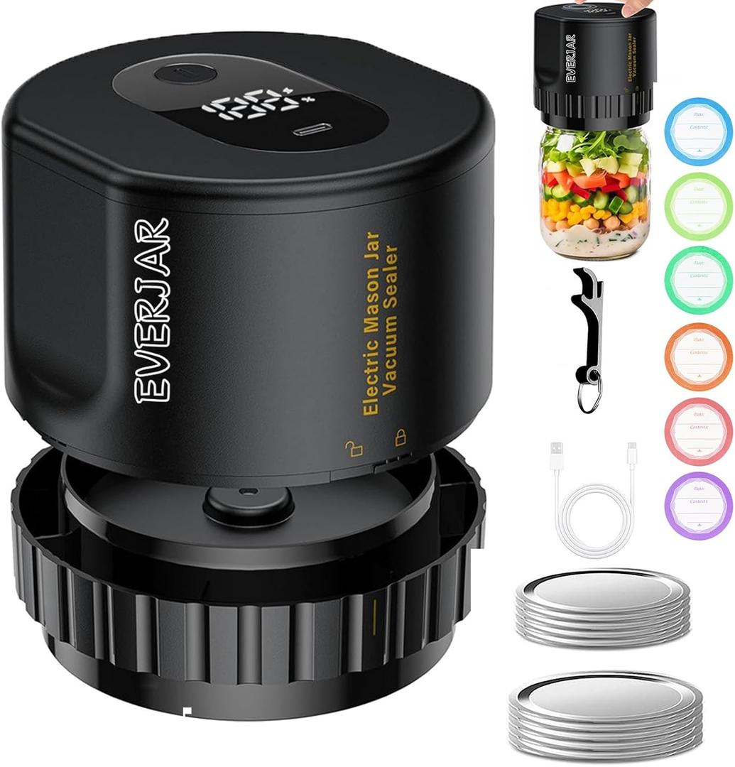 Everjar - Mason Jar Vacuum 2 IN 1 Design Electric Mason Jar Vacuum Sealing Kit, Fully Automatic Suction Stop Food Storage Vacuum Sealer
