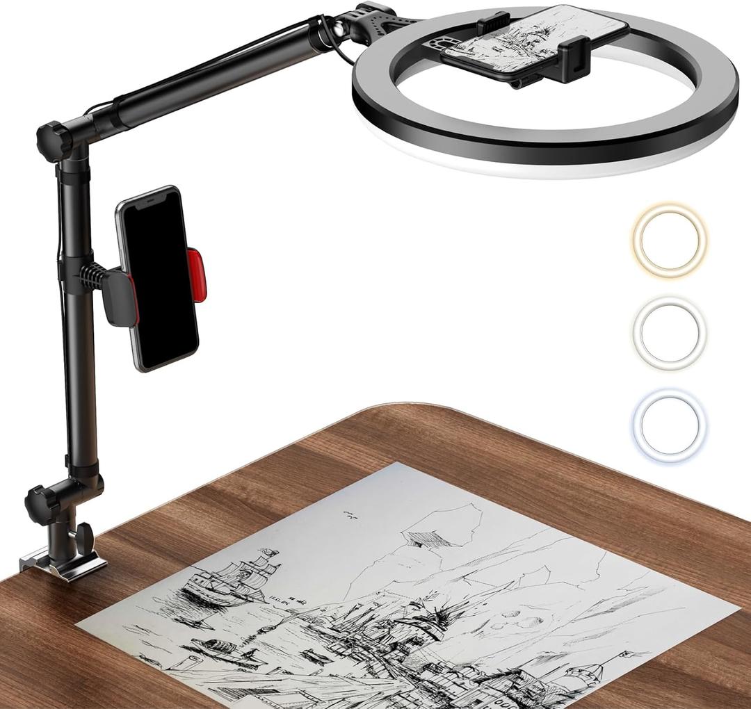 Ring Light with Stand and Phone Holder, USB 10" Ring Light for Desk, Overhead Camera Mount with Ringlight, Desk Lamp with Clamp for Photography/Makeup/Live StreamVideo/YouTube