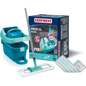 Leifheit Floor Cleaning Profi XL Mop and Bucket Set 42 cm Microfibre Mop for Large Floors with 360 Joint, Foot-Pedal Wringing System, Heavy Duty 8 L Bucket, Easy Moist or Wet Cleaning, Turquoise | Bucket wringer on wheels, foot wringing system, 2 Micro Duo covers washable at 140C, 360, cleaning set for all floors