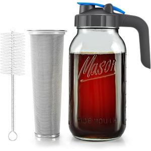 Cold Brew Coffee Maker 64oz Mason Jar Pitcher for Fridge, Sun Tea Maker, Heavy Duty Glass for Ice Tea, Lemonade, Leak Proof Flip Cap Lid, Stainless Steel Filter & Handle