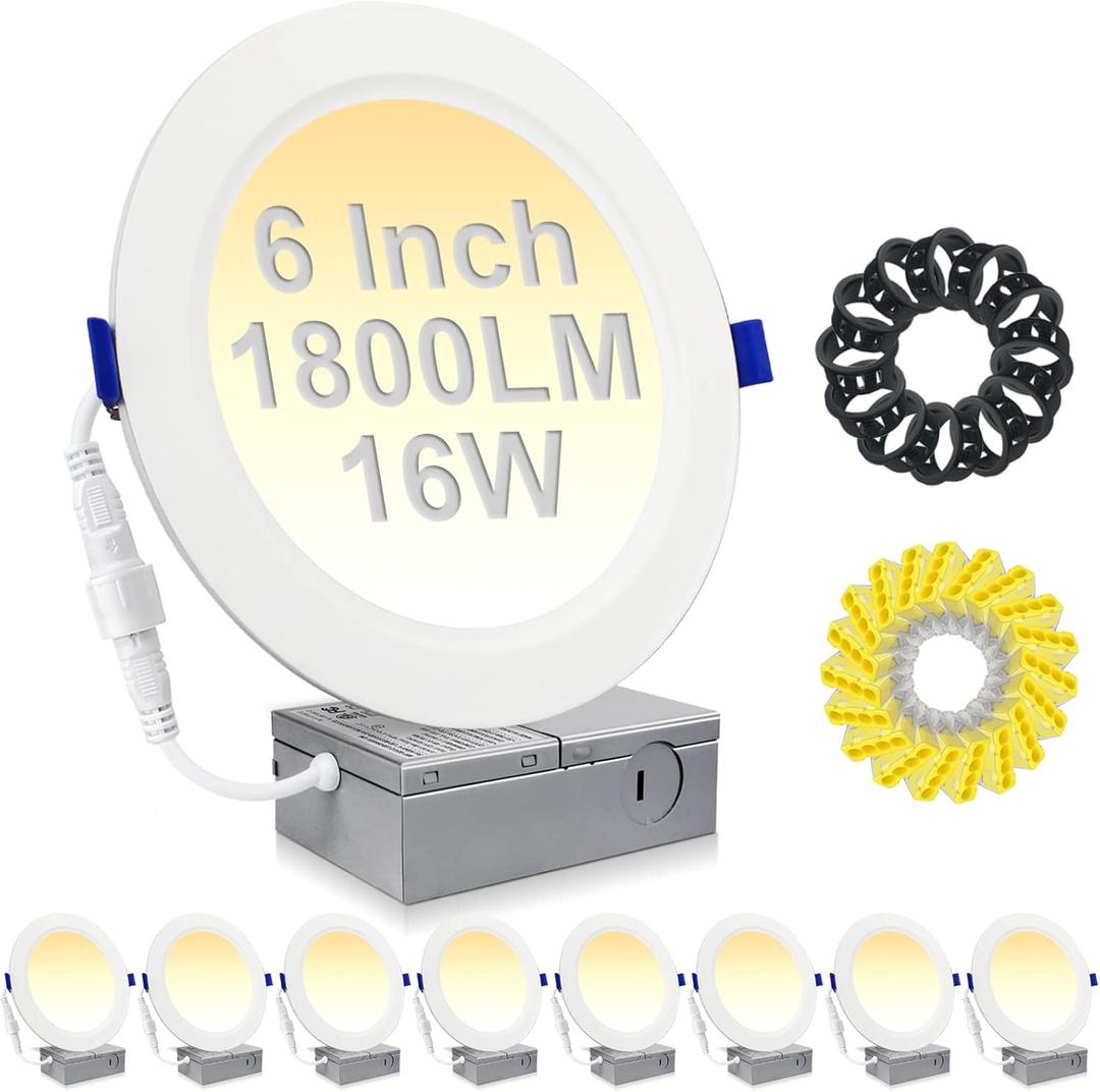 HiBay 8 Pack 6 Inch Canless LED Recessed Lights, 5CCT 2700K-5000K Dimmable, 1800LM 16W=200W Ultra-Thin Wafer Downlights, IC Rated & ETL Certified for Ceiling, Kitchen, Living Room, Bedroom