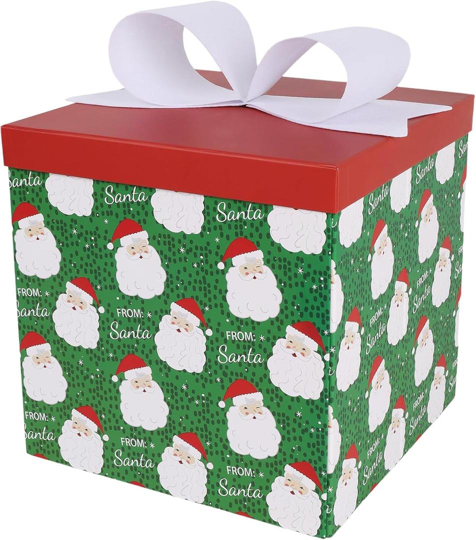 LaRibbons Large Christmas Gift Boxes with Lids, 10x10x10 Inches Santa Design Folding Square Gift Boxes for Christmas Decorative, Xmas, Present, Storage, Green
