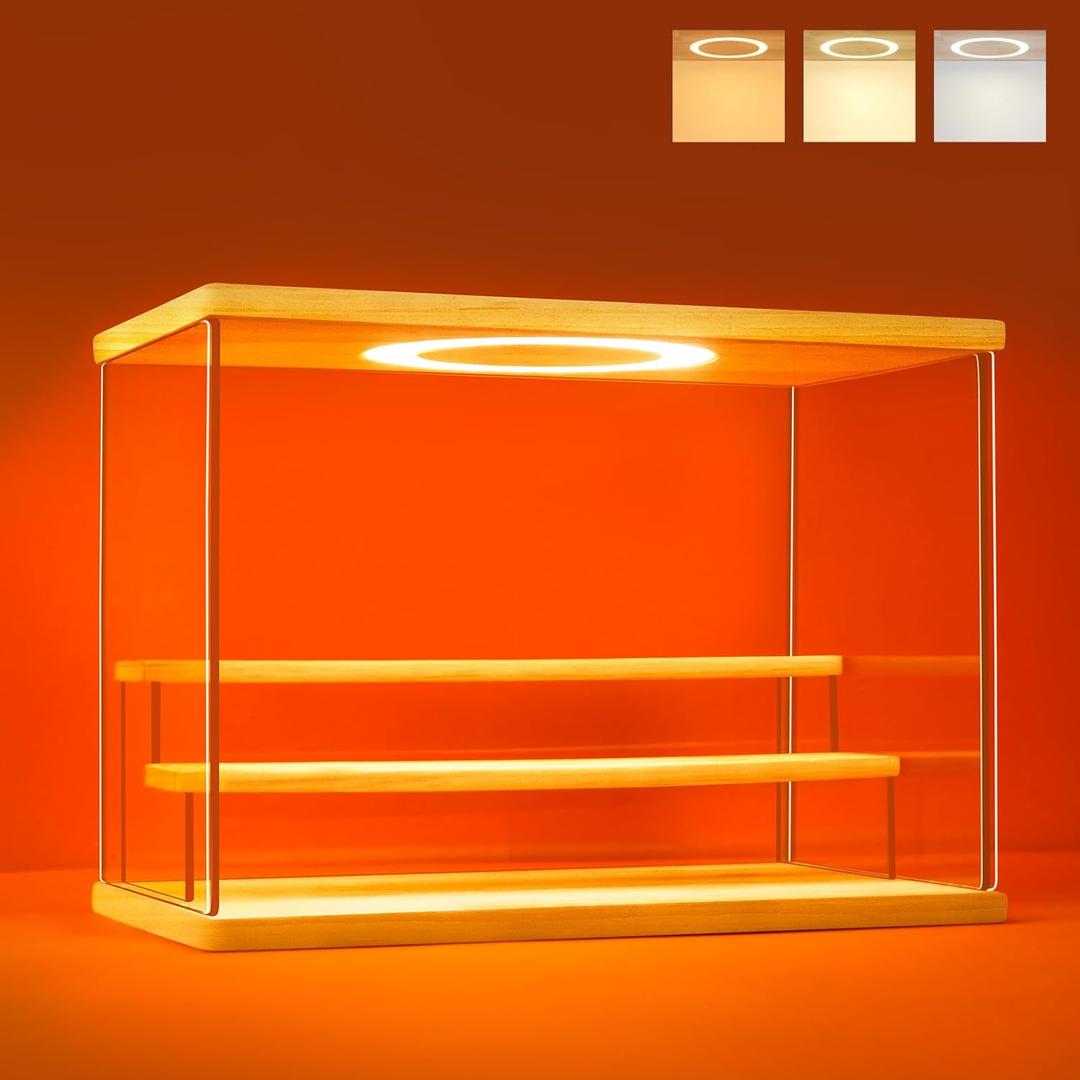 Acrylic Display Case with Adjustable LED Light, 3 Tier Clear Display Box Dustproof Showcase for Action Figures, Collectibles and Mini Toys, Assembly Display Cabinet(Wood 12.56.79in)