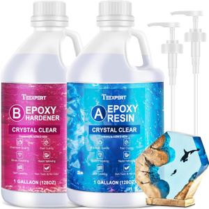 Teexpert Crystal Clear Epoxy Resin Kit 2 Gallon Self-Leveling Coating and Casting Resin, High-Gloss & Bubbles Free Resin and Hardener Kit for DIY Art, Jewelry, Table Top, Molds, Wood 1:1 Ratio