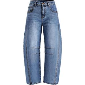 ZESICA Womens Barrel Jeans for Women Trendy 2026 High Waisted Wide Leg Stretchy Baggy Ankle Denim Pants with Pockets, Mid Blue, Small