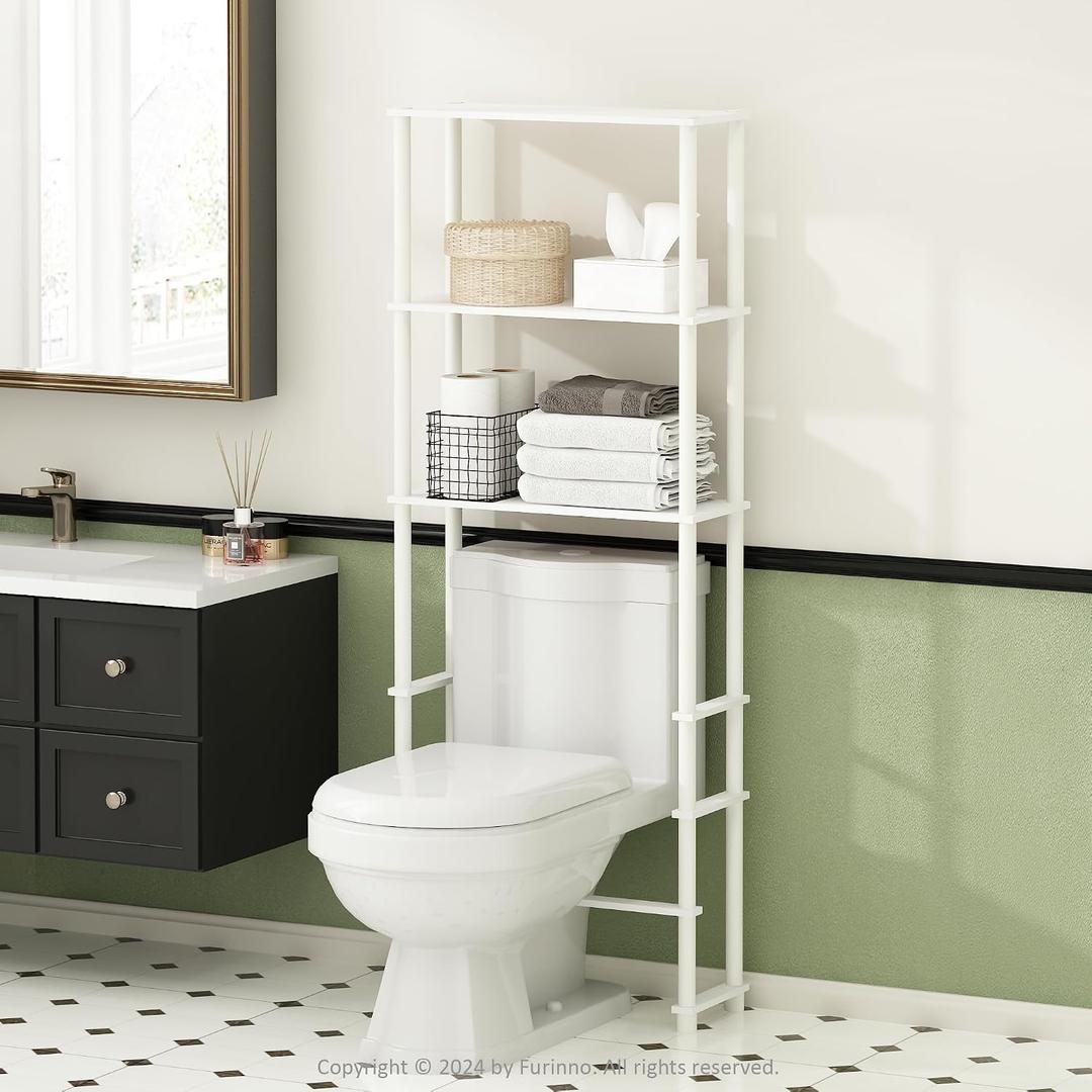Furinno Turn-N-Tube Over The Toilet Storage, 3-Shelf Over The Toilet Organizer, Freestanding Space Saver Bathroom Shelf, for Bathroom Organizers and Storage, Plain White