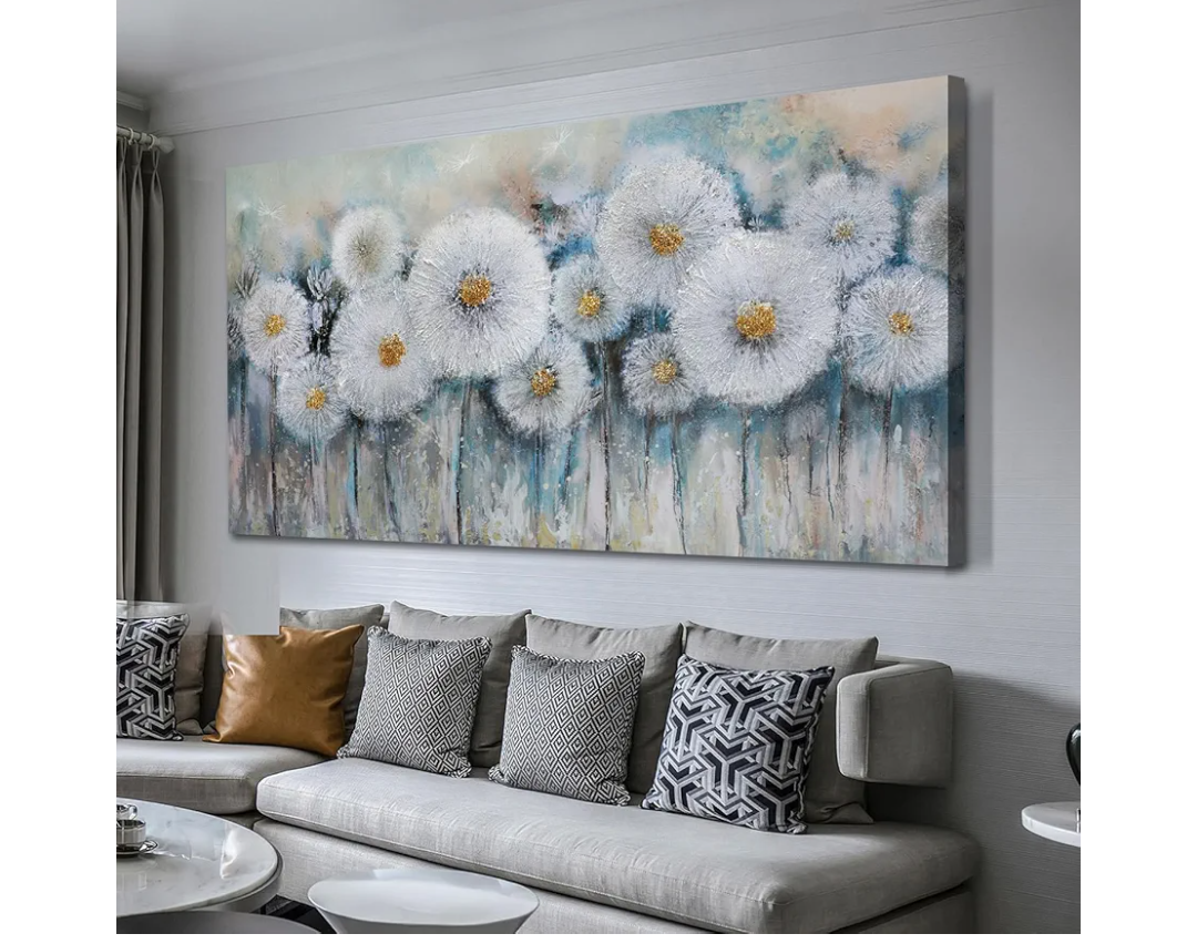 Acocifi Large Dandelion Canvas Wall Art Grey Elegant Flowers Landsape Painting Abstract Florals Picture Handmade 3D Textured Artwork Framed for Living Room Bedroom Bathroom Office Home Decor 58"x29