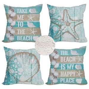 Qinqingo Outdoor Waterproof Throw Pillow Covers 24x24 inch Nautical Wood Beach Starfish Scallop Decorative Pillow Covers Coastal Theme Pillowcase for Patio Furniture Garden Set of 4, Turquoise Blue