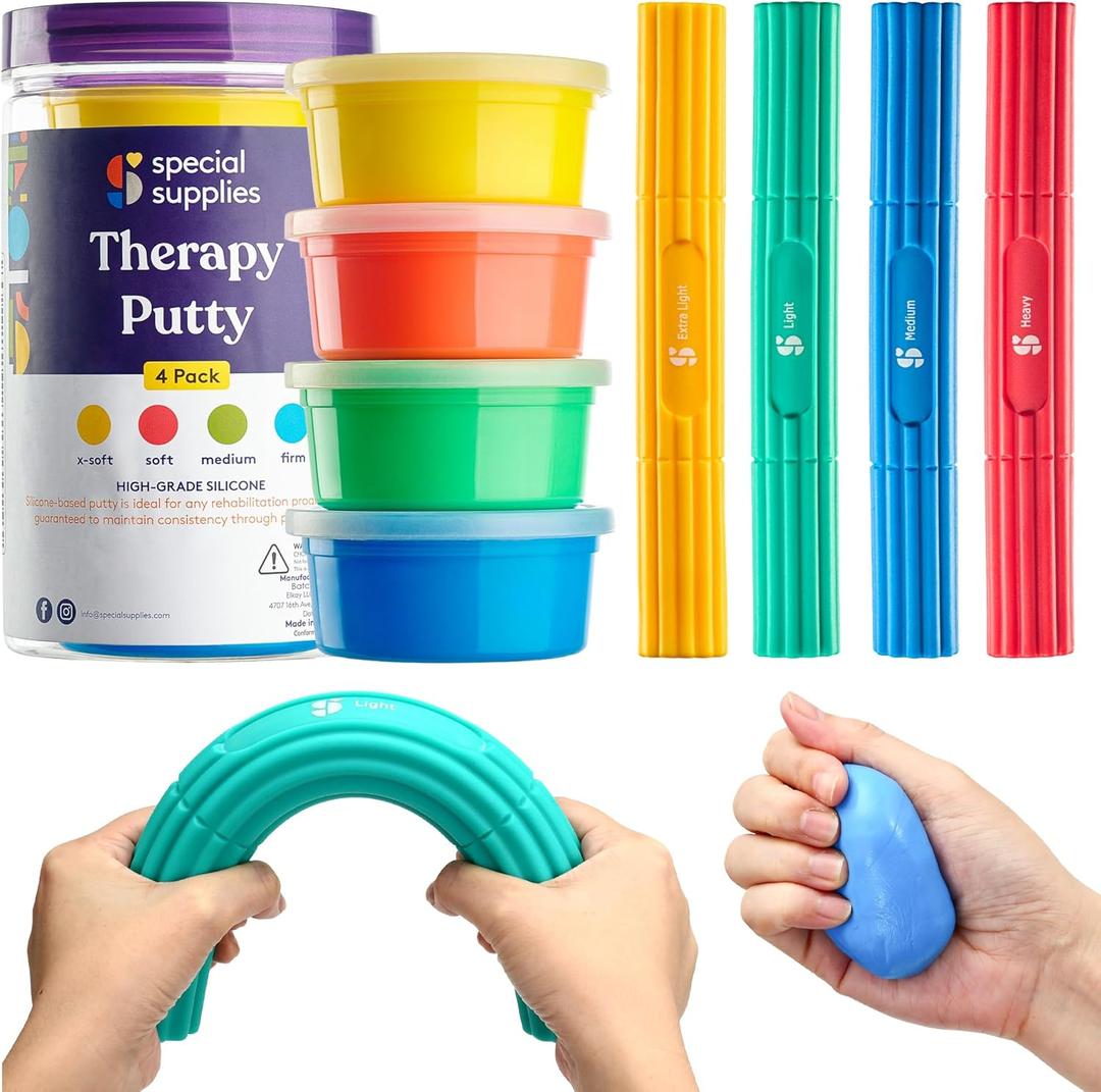 Special Supplies Physical Hand Therapy Putty & Flex Therapy Bar Resistive Hand Exercise Kit  Improve Grip, Strength, Dexterity & Mobility  Injury & Stress Relief  8 Piece Set