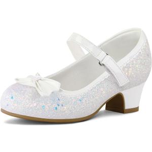 K KomForme Girl's Dress Shoes Mary Jane Glitter 1.5 in Low Heel Wedding Party Princess Shoes for Toddler/Little/Big Kids (White) 12 US