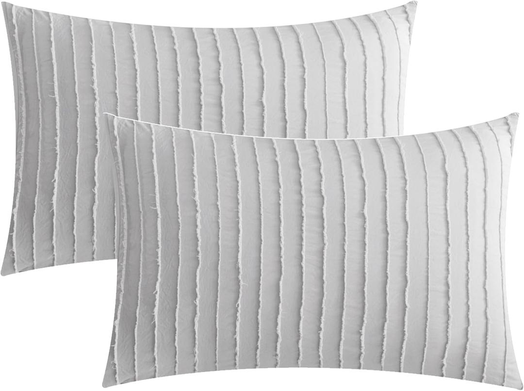 JELLYMONI Pillowcases King Size Light Grey 2 Pack Boho Striped Bed Pillow Covers 20x36in Polyester Envelope Pillow Shams Tufted Bohemian Textured (Pillows are not Included)