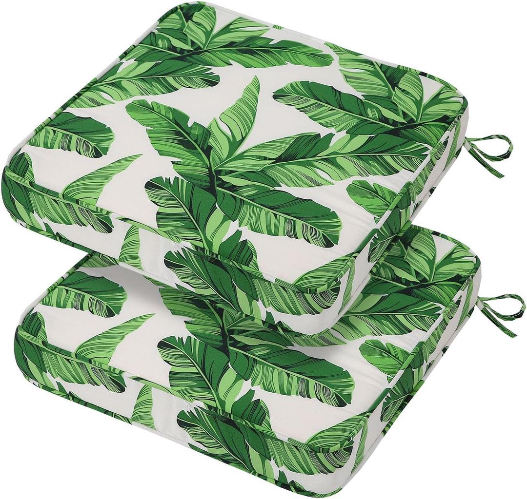 19x19x3 Inch Outdoor Square Corner Chair Cushions with Ties Set of 2, Water & Fade Resistant Thick Seat Cushion Pads for Garden Patio Dining Porch Furniture - Green Leaves White