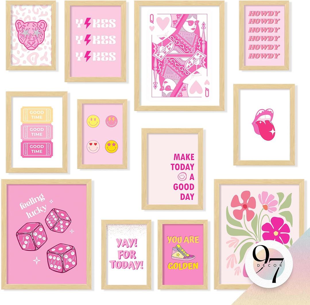 97 Decor Pink Preppy Room Decor Aesthetic - Retro Pink Pictures Wall Decor, Girly Preppy Posters For Bedroom, Trendy Preppy Wall Art Prints For Teen Girl College Dorm Decorations (Unframed)