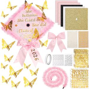 Wavwavw 30 Pcs DIY Graduation Cap Decorations Kit Grad Hats Decor Included 3D Artificial Butterfly Bow Glitter Paper Plush Alphabet Letter Stickers for 2026 DIY Grad Cap Decorations(Pink)
