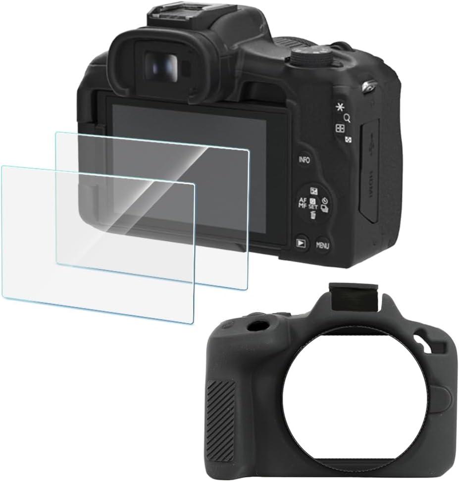 Screen Protector (2+1Pack) Compatible for Canon EOS R50,Tempered Glass Film Anti-Scratch High Definition and Soft Silicone Case for Canon EOSR50 Camera, Black