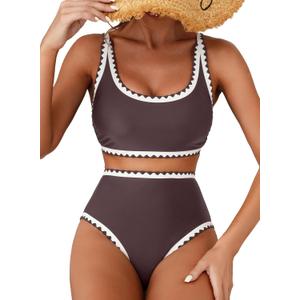 Herseas Women's Bikini Sets Floral Print Whip Stitch 2 Piece Swimsuits High Waisted Scoop Bathing Suits S