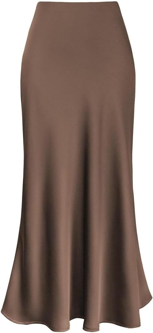 ebossy Women's Elegant Long Satin Skirt Silk Dressy Hidden Elastic Waist Flared A-Line Maxi Skirts Size XXL (Coffee)