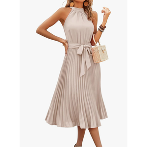 KIRUNDO Women's 2026 Summer Sleeveless Halter Neck Pleated Midi Cocktail Dresses A Line Flowy Beach Sun Dress with Belt, Beige, Size S