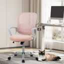 Office Chair, Computer Gaming Chair with Arms, Ergonomic Home Office Desk Chairs with Wheels, Mid-Back Task Rolling Chair with Lumbar Support, Comfy Mesh Swivel Executive Chair (Pink)