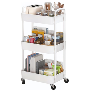 Sywhitta 3-Tier Plastic Rolling Utility Cart with Handle, Multi-Functional Storage Trolley for Office, Living Room, Kitchen, Movable Storage Organizer with Wheels, White