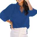 Women's Casual 3/4 Length Sleeve Tops 2025 Summer Button V Neck Texture Blouses Smocked Loose Pullover Tunic Tops Shirts (Small, 01 Dark Blue)