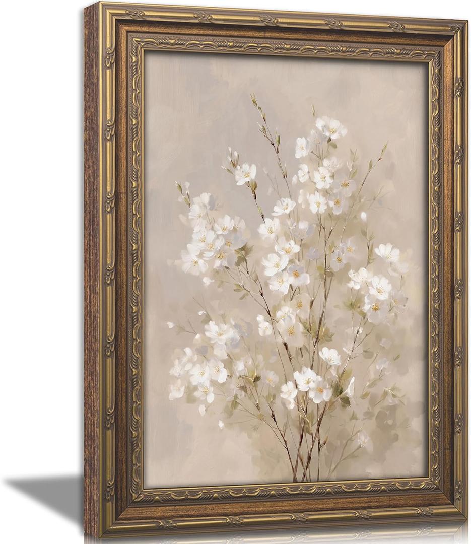 Vintage Gold Framed Floral Canvas Wall Art, Soft White Blossom Botanical Oil Painting Print, Retro Neutral Floral Wall Decor, Rustic Farmhouse Poster Artwork for Living Room Bedroom Bathroom, 16x24in
