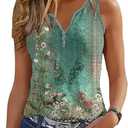 V Neck Tank Tops for Women Summer Casual Button Down Sleeveless T Shirts Casual Loose Tops Clothes Outfits (X-Large, Floral Green-1)