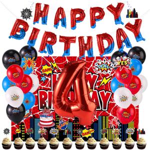 Spider Birthday Party Decorations, Include Latex Balloons Happy Birthday & Number Balloon Backdrop Banner Cake Toppers Hanging Swirls Theme Party Decor and Favors(Number 4)
