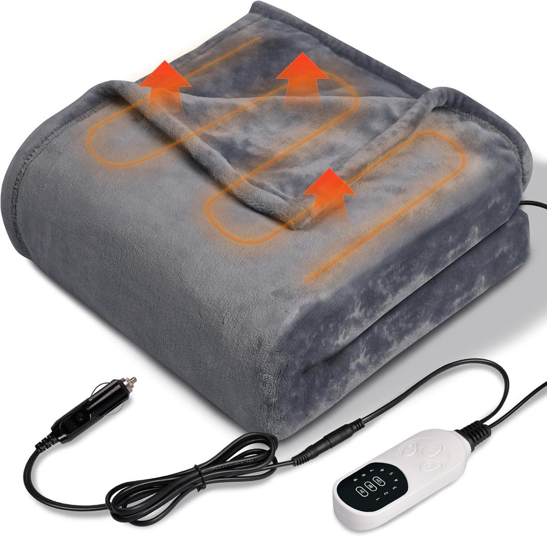 12V Heated Car Blanket Flannel Gentle Soft with 3 Time 9 Heating Settings Portable Electric Automobile Heating Throw Warm Gifts for Winter SUV RV Camping Essentials 59x39