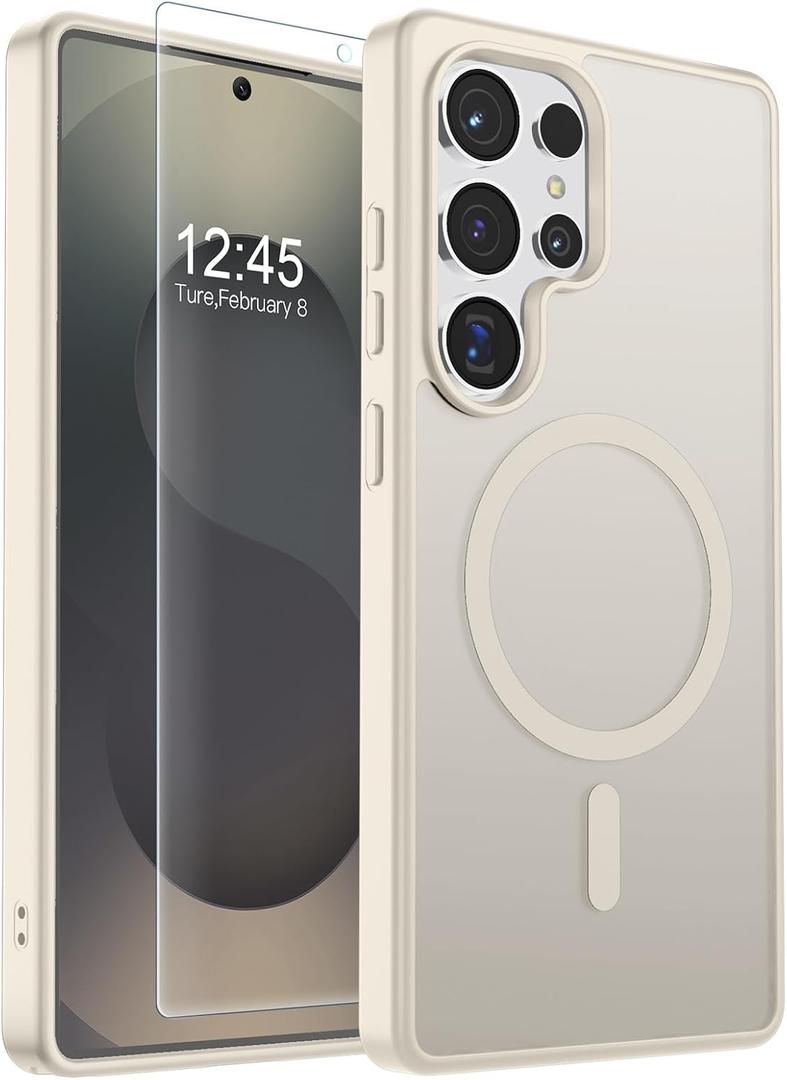 SUPFINE Magnetic for Samsung Galaxy S25 Ultra Case with Screen Protector, (Built-in Magnets) (Military Grade Drop Protection) Slim Translucent Shockproof Phone Case,Stone