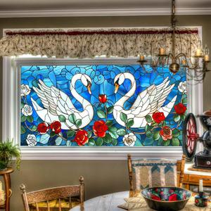 Swan Rose Stained Glass Window Film Elegant Birds Floral Decorative Glass Sticker Privacy Window Clings for Home Living Room Bedroom Office 39.3  17.7 Inch