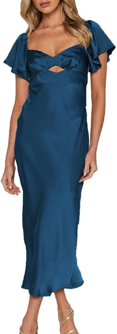 Summer Satin Flutter Sleeve Wedding Guest Dresses for Women Sweetheart Neckline Cutout Tie Back Midi Cocktail Dress (Blue, M)