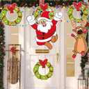 Outdoor Christmas Fence Decorations Light Up Xmas Fence Peeker Signs Decor Santa Claus Reindeer Wreath Yard Hanging Ornament with String Lights for Garden Lawn Fireplace Xmas Tree