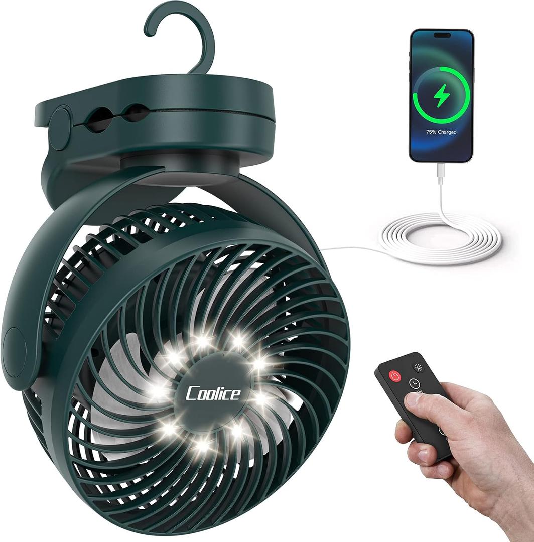 Camping Fan with Remote Control - 12000mAh Rechargeable Battery Powered Fan, Camping Fans for Tents with LED light & Hanging Hook, Rechargeable Battery Operated Ceiling Fans for Tent RV Bed, Green, 6.1inch