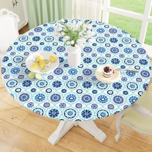 misaya Round Fitted Tablecloth with Elastic Edge, 100% Waterproof Oil Proof Plastic Table Cover, Vinyl Flannel Backed Tablecloth Fits 36"-44" Round Tables for Dinner, Outdoor, Picnic, Navy Mandala