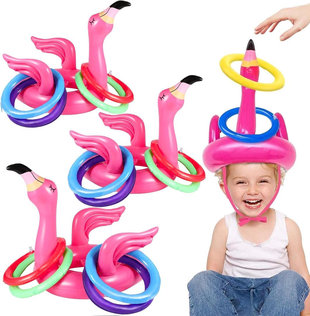 Camlinbo 15 Pcs Inflatable Flamingo Pool Toys Ring Toss Pool Game, Flamingos Luau Party Decor Hawaiian Beach Toys Carnival Outdoor Luau Party Games Supplies for Kids Adults Family