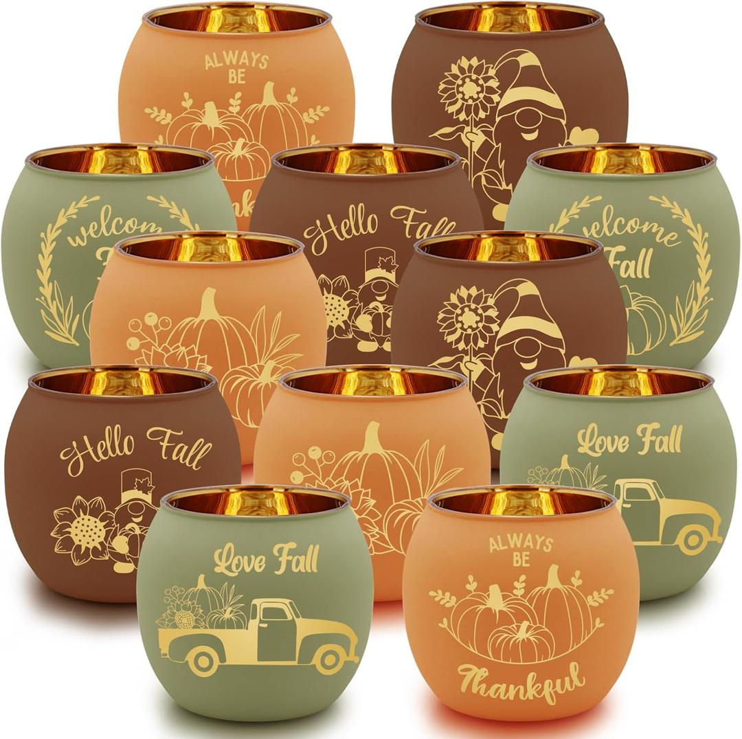 SHMILMH Fall Table Centerpiece Decorations Set of 12 Glass Votive Tealight Candle Holder for Wedding, Party, Thanksgiving, Fall Decor for Indoor and Outdoor