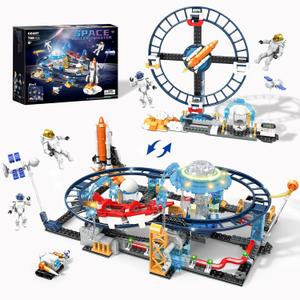 2 in 1 Space Roller Coaster Building Set - Space Capsules, Rocket, UFO, Satellites, STEM Astronaut & Buildable Space Rollercoaster Toys, Christmas Birthday Gift for Adult Boys Kids Ages 6+