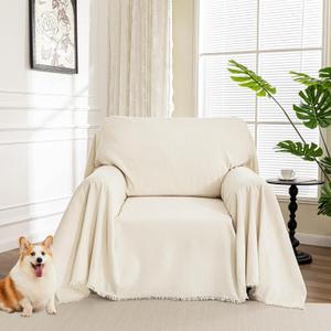 MYSKY HOME Oversized Chair Cover, Armchair Couch Cover for 1 Cushion Couch, Washable Sofa Protector with Tassel Sofa Covers Sofa Throws Sofa Slipcovers Futon Cover for Pet, Kid, 71"X91", Beige