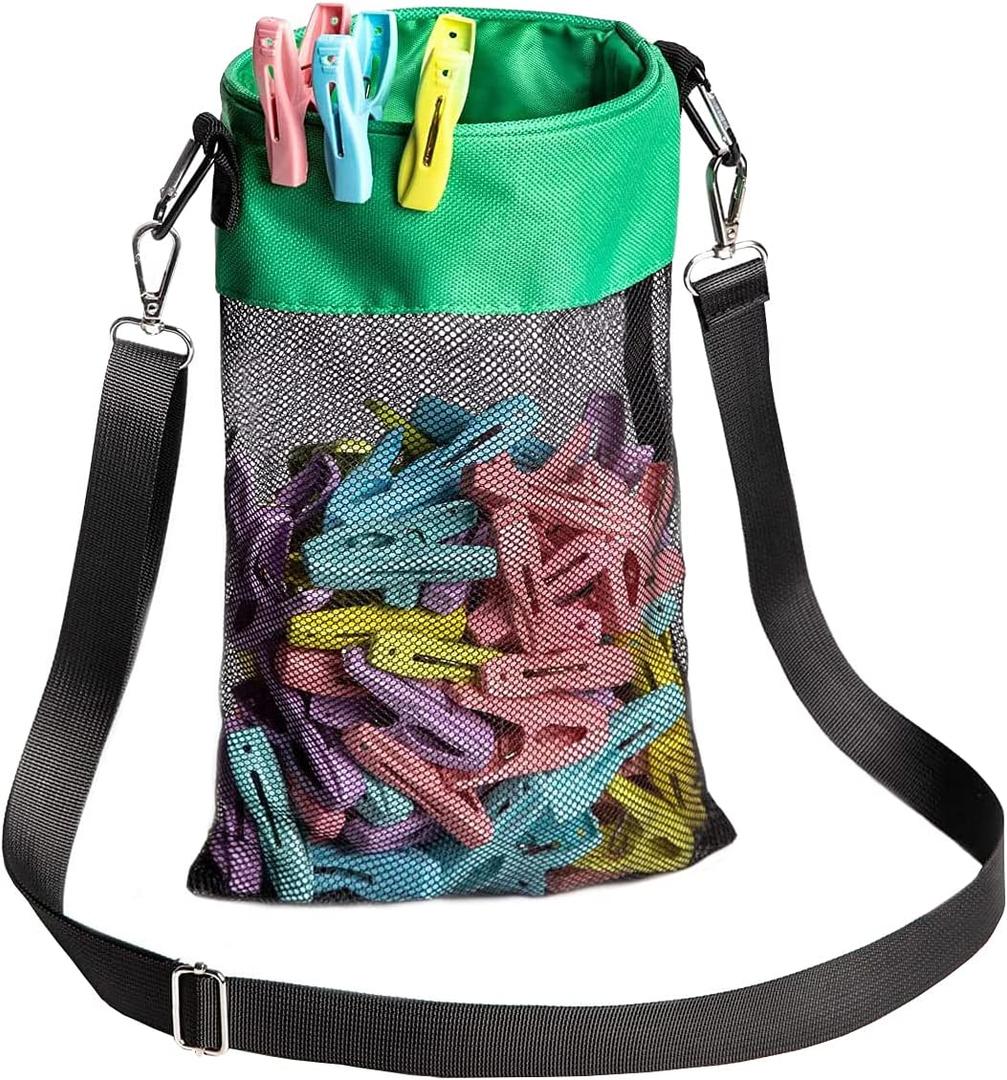 Mesh Clothespin Bag with Hooks Hanging Clothes Pin Bag with Drawstring Closure Clothespin Holder, Ventilation and Moisture Resistance, Storage Organizer, Machine Washable Green