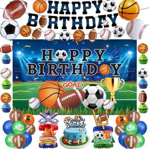 Sports Birthday Party Decorations Includes Banner, Backdrop, Foil & Latex Balloons, Cake & Cupcake Toppers, Honeycomb Centerpieces for Boy Sports Themed Party Decorations