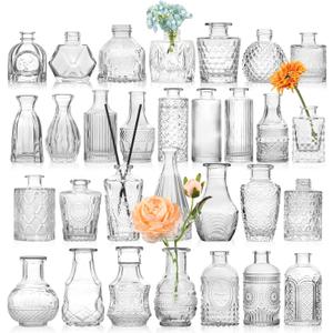 Small Bud Vases, Vintage Clear Glass Bud Vases in Bulk with Unique Embossed Patterns for Wedding Centerpieces, Table Decor, Rustic Party Reception Decorations (Clear)