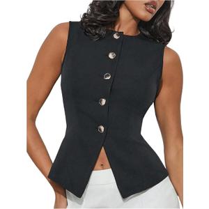 MakeMeChic Women's Vest Top Crew Neck Button Down Casual Blazer Vests Sleeveless Work Office Tops (Black) XS MakeMeChic Women's Vest Top Crew Neck Button Down Casual Blazer Vests Sleeveless Work Office Tops (Black) XS